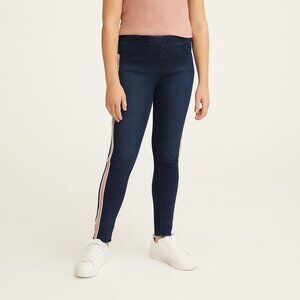 Justice Girls Mid Rise Leggings Size 12 Dark Wash Denim Side Stripe Frayed Hem